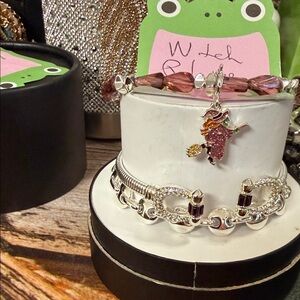 Silver-Tone “Witch Please” Charm Bracelet with Pink Beads